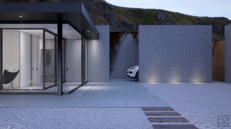 A modern, minimalist building with floor-to-ceiling glass panels, concrete walls, and an integrated garage.