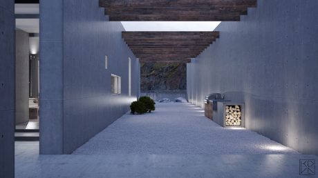Minimalist concrete passageway with wooden beams overhead, leading to scenic landscape.