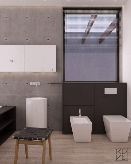 Minimalist bathroom with concrete walls, freestanding sink, and striped window blinds.