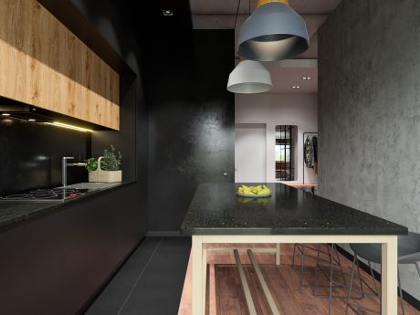 A modern kitchen with dark concrete walls, wood accents, and pendant lights.