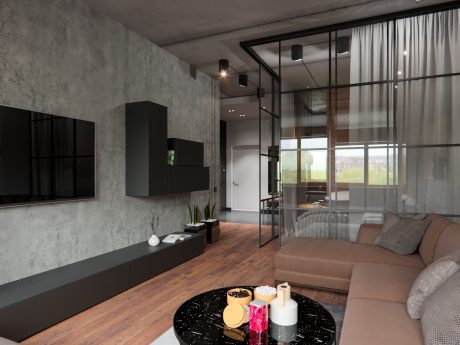 Minimalist living room with concrete walls, glass-paned doorway, and wooden flooring.