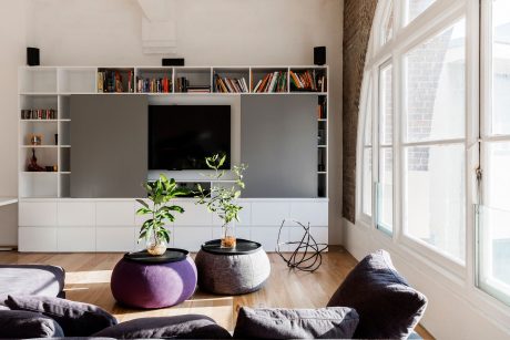 Minimalist living room with built-in bookshelves, TV, and decorative plants.