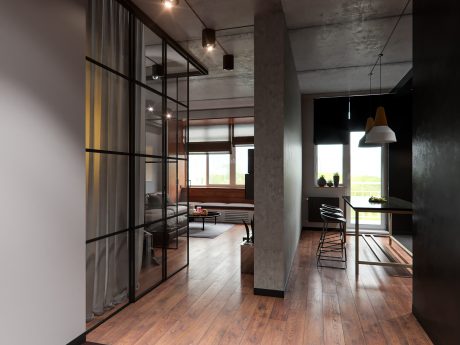 Minimalist interior design with metal frame windows, concrete accents, and wooden flooring.
