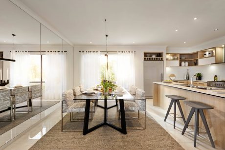 Spacious and modern kitchen-dining area with large windows, wood and stone accents.