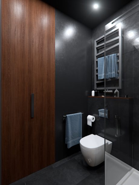 Sleek, modern bathroom design with dark walls, wood paneling, and minimalist fixtures.