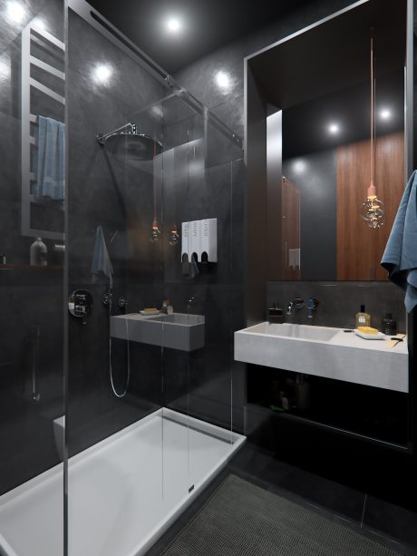 Sleek, modern bathroom with dark walls, white fixtures, and minimalist lighting.