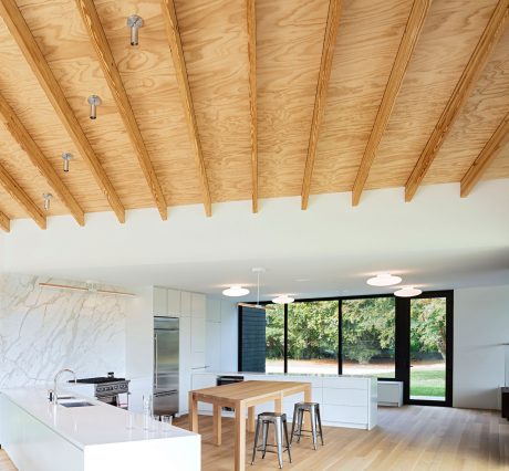 Warm-toned wood ceiling beams, sleek kitchen, and large windows overlooking a lush outdoor scene.