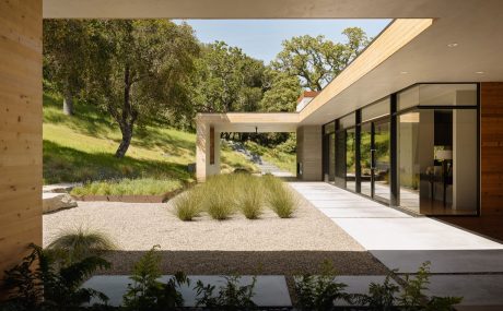 Modern architectural structure with glass walls, stone path, and lush natural surroundings.