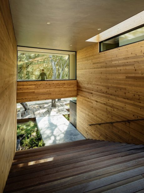 A modern wooden structure with large windows overlooking a forested landscape.