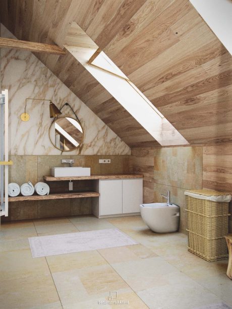Rustic bathroom with wooden paneled ceiling, marble-like tiles, and modern fixtures.