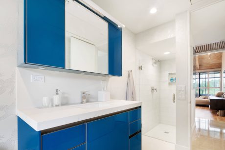 Bright, modern bathroom with blue cabinetry, white countertop, and walk-in shower.