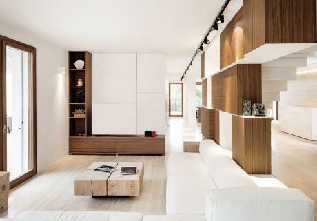 Minimalist living room with wood-paneled walls, built-in storage, and modern furniture.