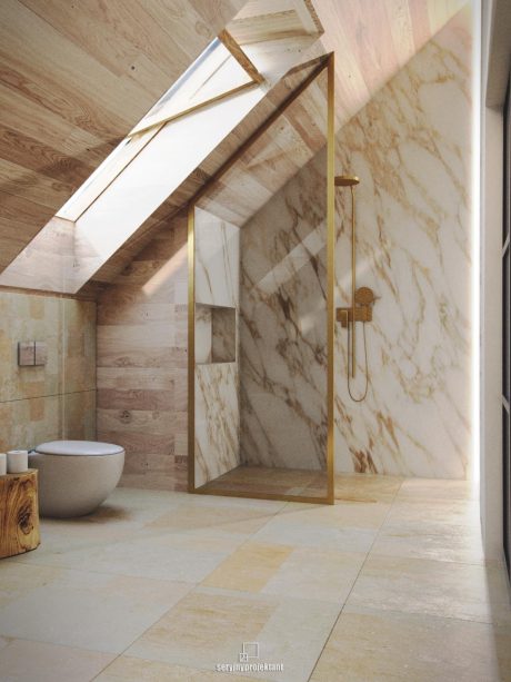 Modern, wood-paneled bathroom with marble walls, brass fixtures, and a freestanding tub.