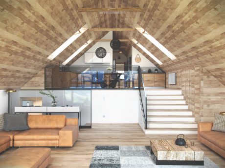 Spacious loft-style interior with wooden beams, glass walls, and modern furnishings.