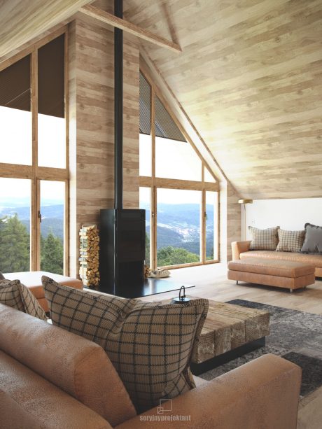 Rustic cabin interior with wooden walls, large windows, and a central fireplace.
