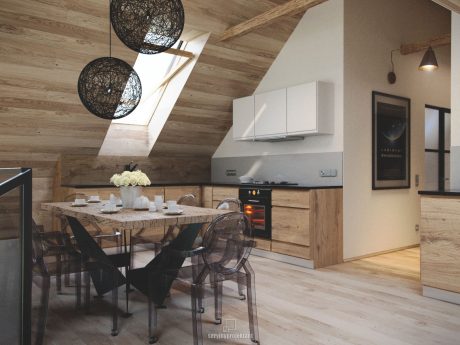 Rustic, wooden kitchen and dining area with modern lighting and minimalist furnishings.