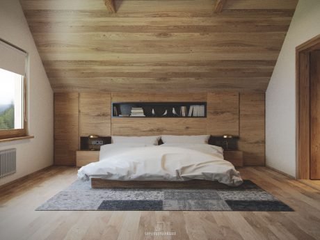 Spacious bedroom with wooden ceiling, minimalist shelving, and cozy rug.