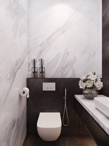 Elegant bathroom design with sleek black and white elements, minimalist decor.