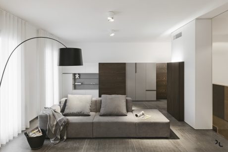 Minimalist living room with sleek gray sectional, dark wood accents, and arched floor lamp.