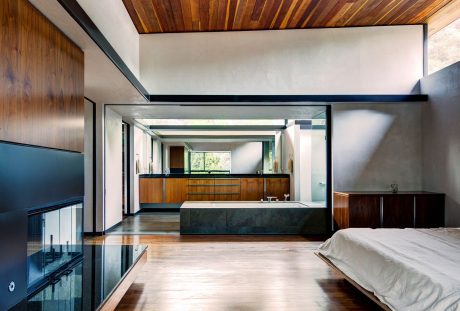 Sleek, modern bedroom with wood-paneled walls, glass divider, and slate bathtub.