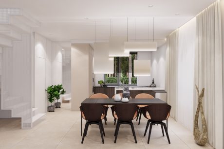 Modern, minimalist interior with clean lines, neutral color palette, and strategic lighting. Sleek dining table and chairs against floor-to-ceiling windows overlooking greenery.