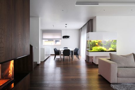 Modern open-concept living and dining area with fireplace, aquarium, and hardwood floors.