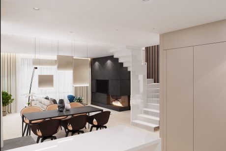 Sleek, modern living space with minimalist fireplace, open staircase, and dining area.