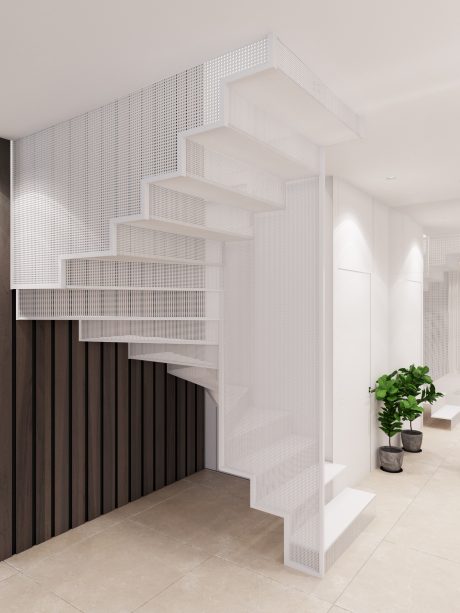 Minimalist, geometric staircase design with textured white walls and dark wooden paneling.