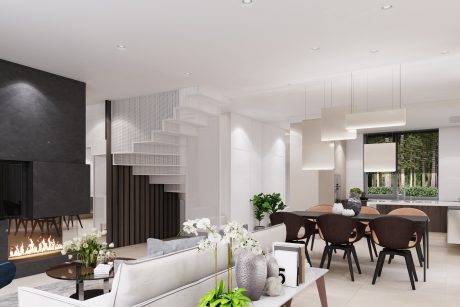 Sleek, modern interior with minimalist furniture, spiral staircase, and natural elements.