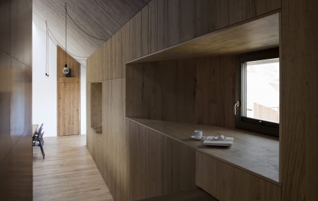 A modern, minimalist interior design showcasing clean lines, wood paneling, and a recessed shelving unit.