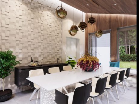 Luxurious modern dining space with unique textured wall, pendant lights, and sleek furniture.
