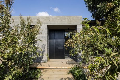 A modern concrete facade with a prominent entrance door, surrounded by lush greenery.