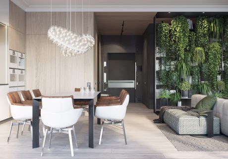 Stunning modern interior with sculptural lighting, natural textures, and lush greenery.