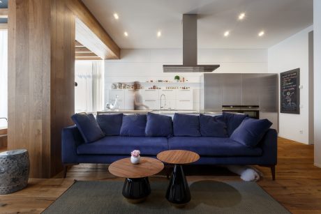 Cozy modern living space with navy blue sofa, wood accents, and open kitchen design.