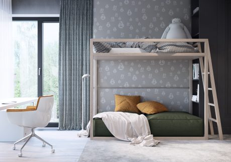 Modern bedroom with bunk bed, patterned wallpaper, and floor-to-ceiling windows.