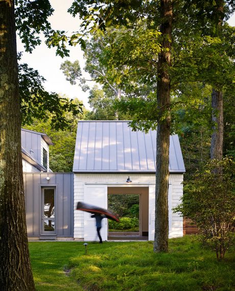 Minimalist modern cabin with metal roofing and ample glazing amid lush greenery.