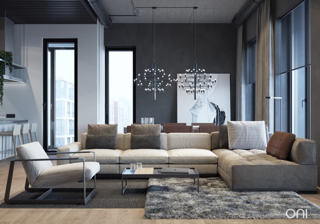 Stylish modern living room with chic furniture, large windows, and sleek lighting fixtures.