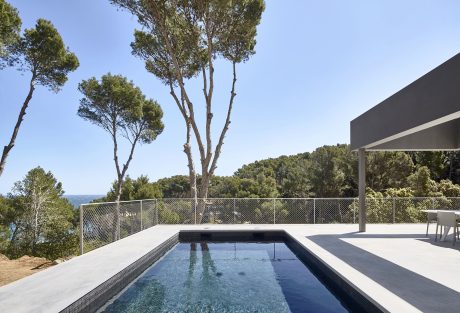 Modern villa with rectangular pool, surrounded by lush pine trees and a scenic view.