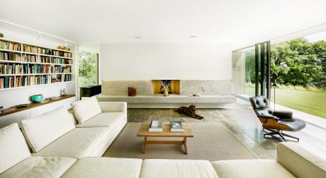 Spacious living room with built-in bookshelves, large windows, and a modern fireplace.