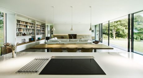 Spacious, minimalist living room with built-in bookshelves, sleek furniture, and large windows offering nature views.