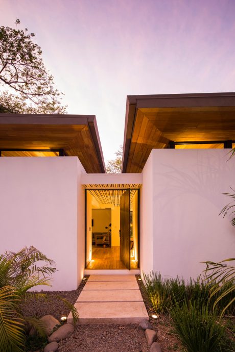 A modern architectural entrance with warm, illuminated wooden details and tropical foliage.