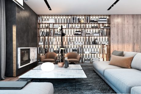 A cozy living room with an elegant marble coffee table, bookshelves, and modern furniture.