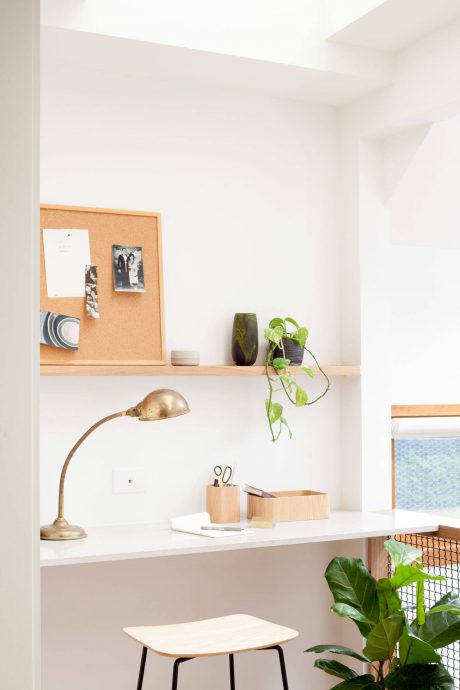 Cozy modern workspace with shelving, desk, and potted plants creating a tranquil vibe.