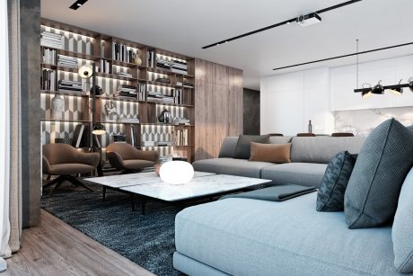 Modern living room with sleek shelving, plush seating, and a marble-topped coffee table.