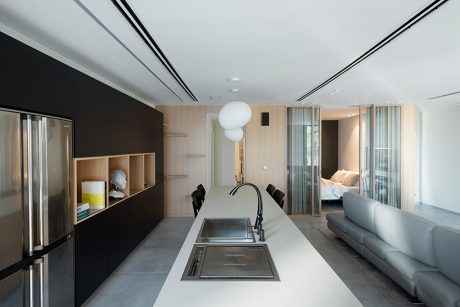 Modern, minimalist kitchen design with sleek black cabinetry, stainless steel sink, and open living space.