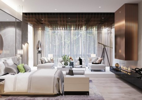 Elegant modern bedroom with contemporary furnishings, dramatic lighting, and expansive windows.