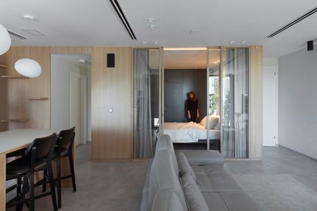 Minimalist, open-concept studio apartment with wooden paneling, glass partition, and sleek furniture.