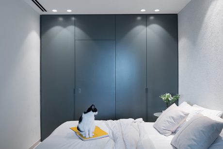 A modern bedroom with large dark built-in wardrobes, minimalist decor, and a cat resting on a yellow mat.