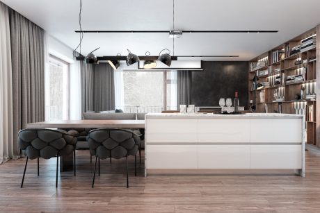 Modern, minimalist kitchen with sleek white cabinets, dark wood shelving, and pendant lights.