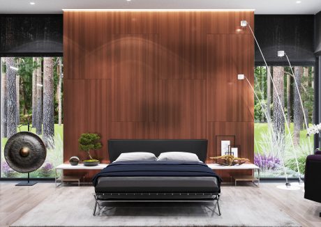 A modern bedroom with a wooden accent wall, floor-to-ceiling windows, and minimalist furnishings.